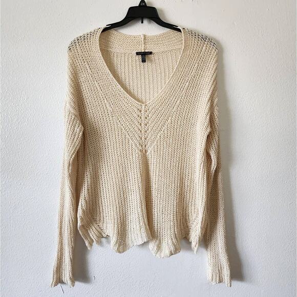 Eileen Fisher Organic Cotton Crochet Linen Tape Box V-Neck Pullover Sweater Ecru - Picture 2 of 8